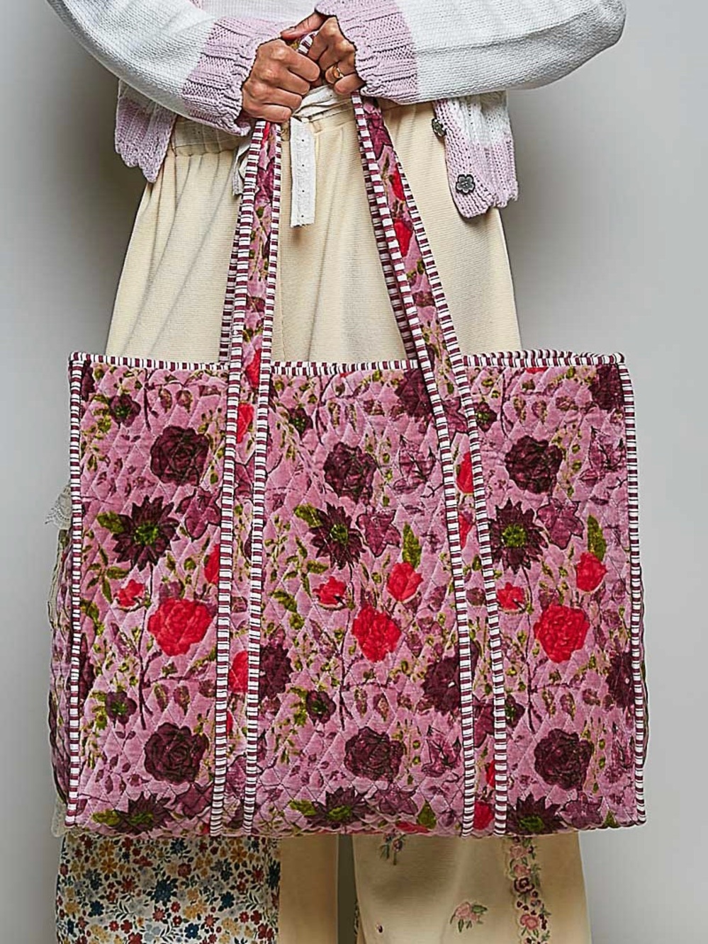 POL Pink Plum Floral Quilted Velvet Tote Bag | Oversized Shopper - Picture 3 of 7